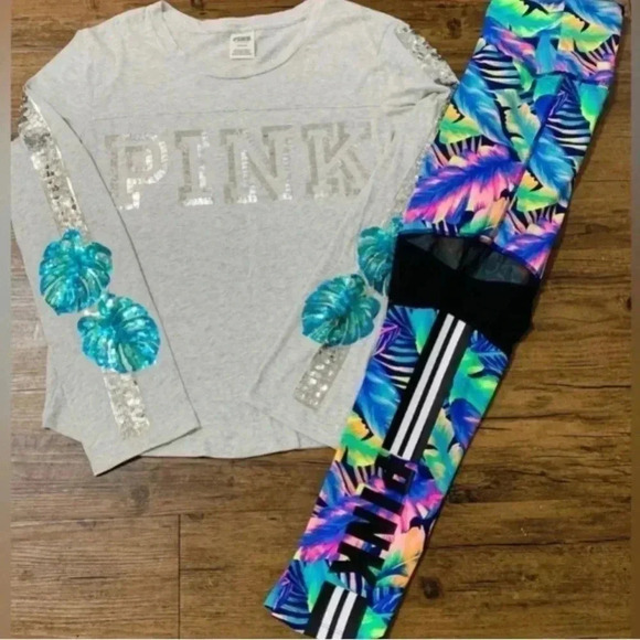 VS PINK BLING TROPICAL PALM TSHIRT/ ULTIMATE  MESH LEGGINGS OUTFIT S - Picture 1 of 9